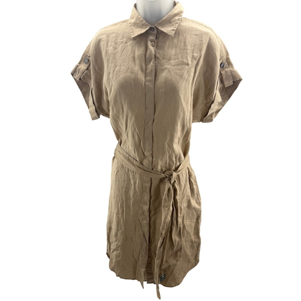 Lauren Ralph Lauren Tan 100% Linen Button Down Belted‎ Shirt Dress Size 4 NEW
